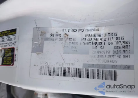 2012 Mazda Cx-9 Touring из США, поврежденный, VIN JM3TB3CV9C0360802